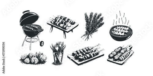 Barbecue food collection with grill and skewers