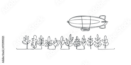 Airship floating above continuous line drawing of leaves