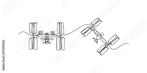 Continuous line drawing of space station orbiting Earth