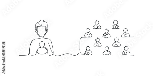 Single line drawing of a person leading a group