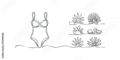 One Line Drawing of a Swimsuit and Stylized Plants