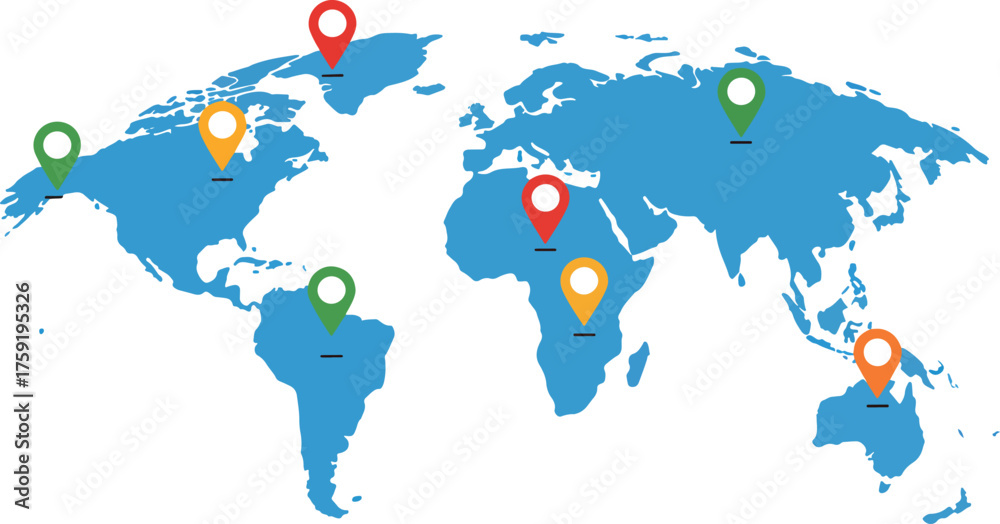 Naklejka premium World map with colorful location pins silhouette isolated on white background