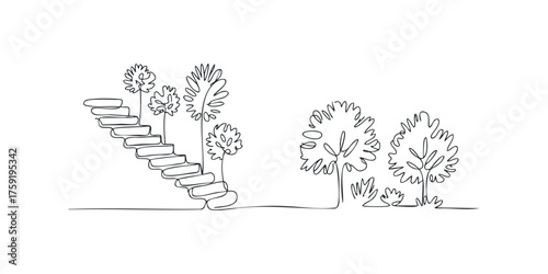 Stylized single line drawing of ascending steps leading to abstract trees