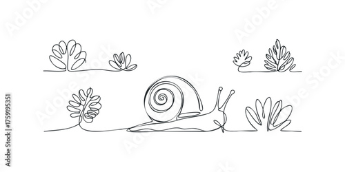 Snail and abstract plants drawn with single continuous line
