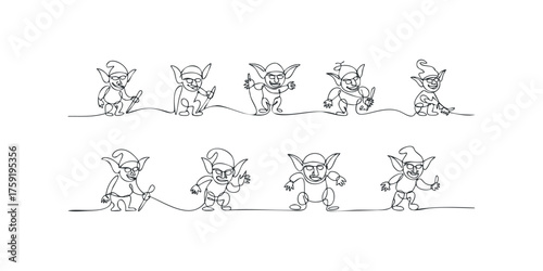 Line drawing collection of various mischievous elves in playful poses
