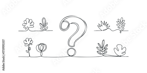 Question mark surrounded by abstract plants and flowers line drawing