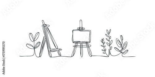 Continuous line drawing of an easel and plants