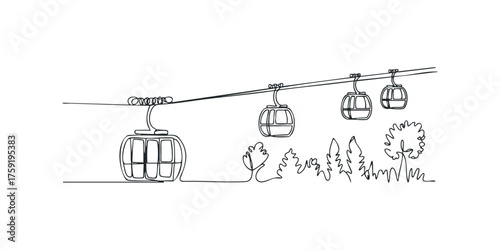 Cable car cabins traveling over minimalist forest line art