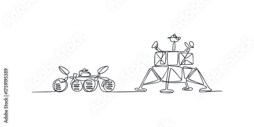 Space exploration rover beside lunar lander one line drawing