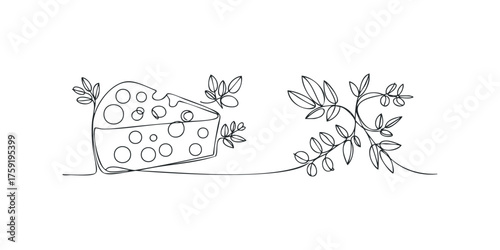 Line art cheese wedge with delicate foliage flourish