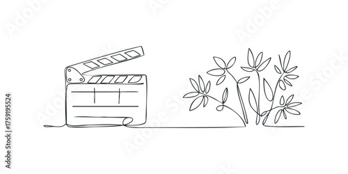 Single Line Drawing of Film Clapboard and Botanical Stem
