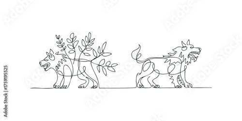 Two stylized wolves depicted in single line art style