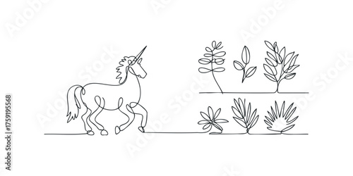 Single line drawing of a mythical unicorn and foliage