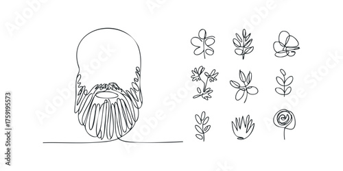 Continuous line drawing of bearded man and botanical elements