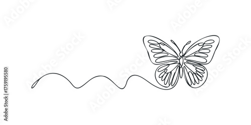 Single line drawing of a butterfly with flowing line trail