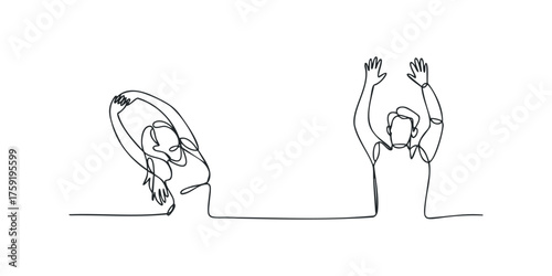 Two people stretching in continuous line drawing style