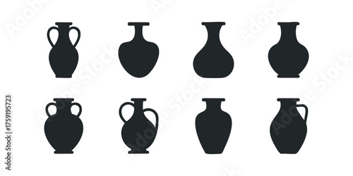Collection of diverse ancient amphora silhouettes isolated on white