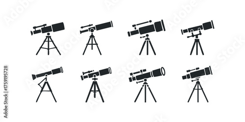 Collection of eight diverse telescope silhouettes on white