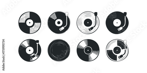 Set of vinyl record icons with turntables and grooves