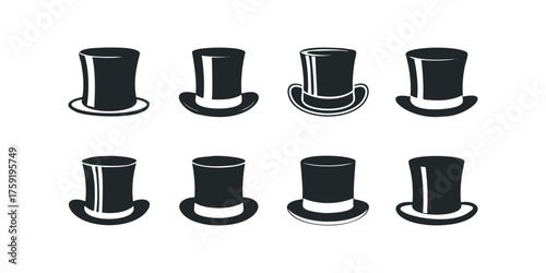 Collection of eight black top hat icons