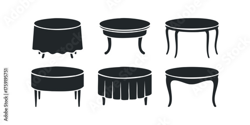 Collection of six black silhouettes of round tables