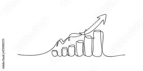 Continuous line drawing of a rising bar graph with arrow
