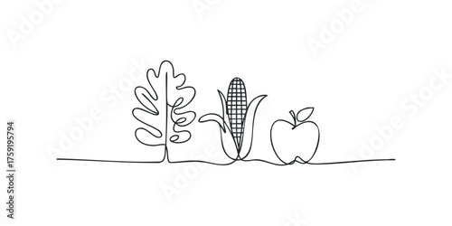 Single line drawing of tree, corn, and apple