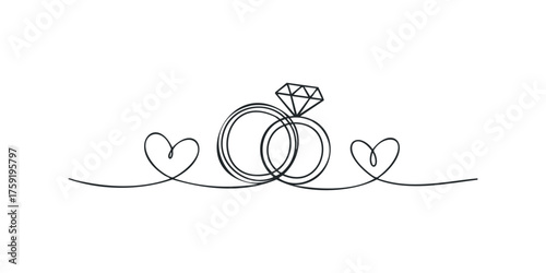 Two wedding rings with diamond and heart shapes