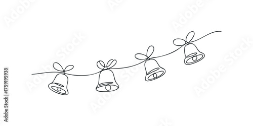 Continuous line drawing of four hanging bells with bows
