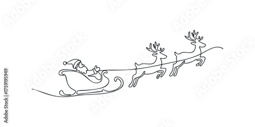 Santa Claus in sleigh pulled by reindeer continuous line drawing