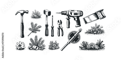 Tool collection hammer drill pliers saw and botanical elements