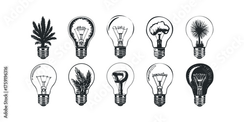 Collection of light bulb symbols with diverse fillings and designs
