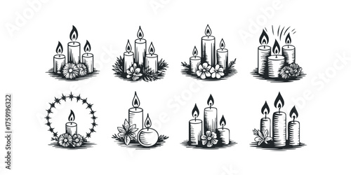 Set of candle flame illustrations with floral accents
