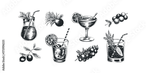 Black and white sketch of cocktails and fruit