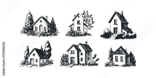 Set of six hand-drawn houses with surrounding greenery