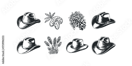 Collection of cowboy hats and agricultural plants
