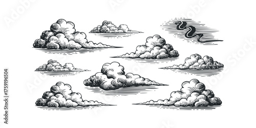 Set of stylized clouds in vintage woodcut style