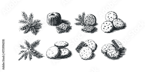Hand Drawn Sketches of Baked Goods and Grains