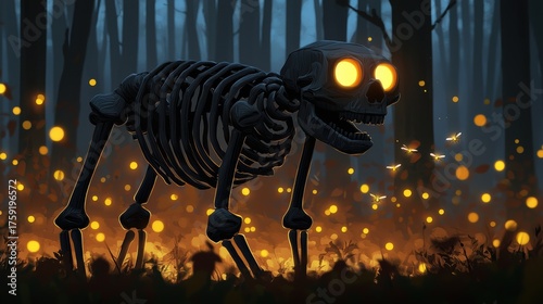 A whimsical, glowing skeleton dog in a dark forest, surrounded by fireflies, creating a mystical and enchanting atmosphere.