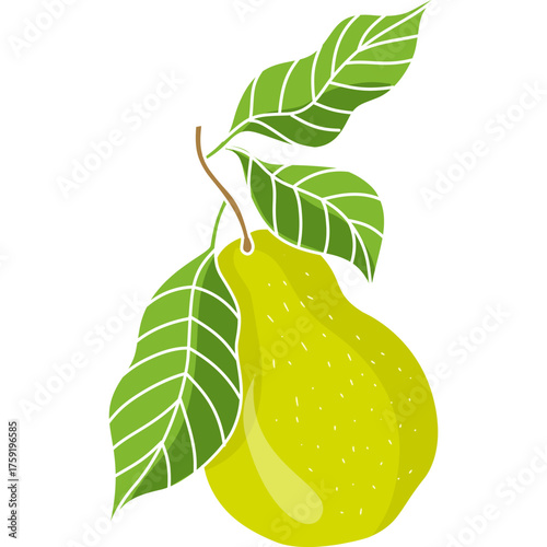Green pear vector element with leaves, representing freshness and natural sweetness for healthy food design projects.