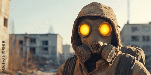  figure in a gas mask stands in a desolate urban environment, with glowing eyes, evoking themes of survival and post-apocalyptic scenarios.