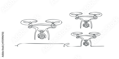Line drawing of three quadcopter drones