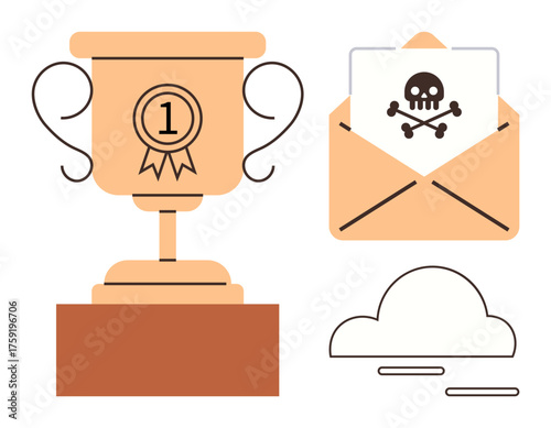 Trophy with first place ribbon beside threatening message in an envelope and cloud icon. Ideal for themes of success, risk, challenges, competition, cybersecurity, cloud storage, simple flat metaphor