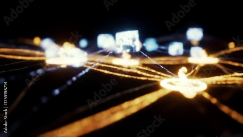 Abstract network connection with glowing cubes and lines on black