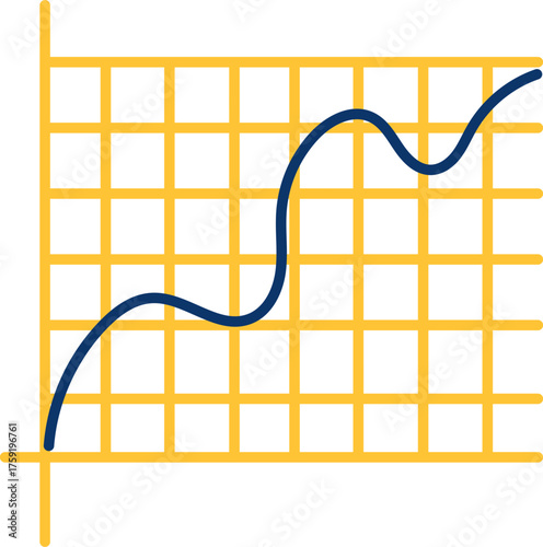 Illustration of a blue line graph on a yellow grid background showing upward and fluctuating trends. Represents data analysis, business growth, statistics, or financial performance.