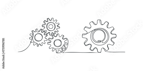 Continuous line drawing of interlocking gears symbolizing mechanism and connection