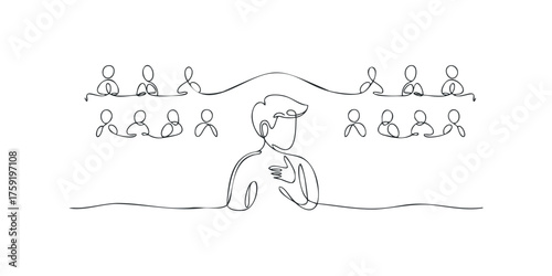 Single line drawing of a speaker addressing an audience