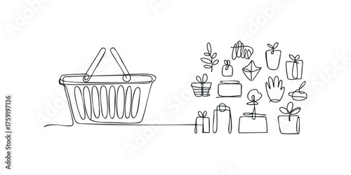 Continuous line drawing of shopping basket filled with gift boxes