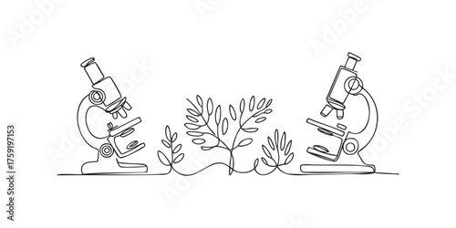 Minimalist line drawing of two microscopes and plant