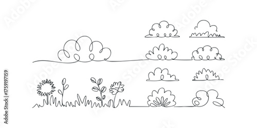 Minimalist line art elements of clouds and plants